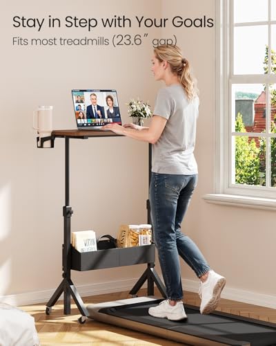 ErGear Mobile Standing Desk with Wheels, Adjustable Height 28.3″ to 46.3″, Rolling Laptop Cart with Cup Holder, Storage Basket, Computer & Pen Slot, Home Office Stand Up Desk, Walnut (31.5″ x 15.75″) ErGear
