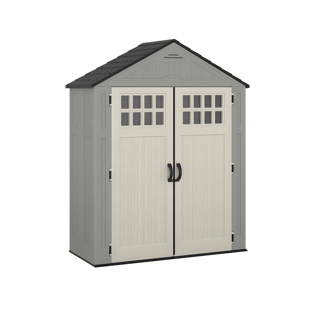 Suncast BMS6312D Everett 6' x 3' Heavy-Duty Resin Outdoor Pad-Lockable Double Doors and Windows All-Weather Shed for Yard Storage, Dove Gray Suncast