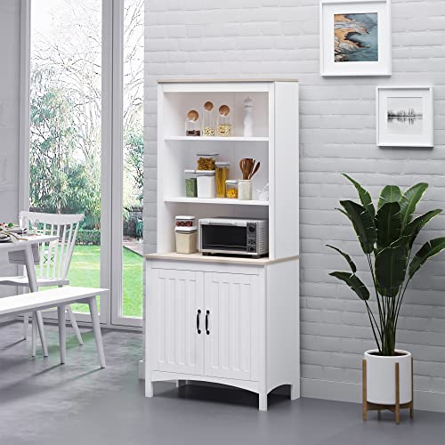 HOMCOM 70" White Kitchen Hutch with Adjustable Shelves and Open Countertop Storage HOMCOM