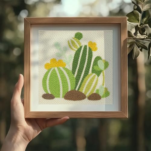 Doodlream Cartoon Cactus DIY Punch Needle Embroidery Kit for Adult Beginner, 9.4" Cactus Punch Stitching Craft Set for Starter with Frame, Fabric Pattern, Threader, Yarn, Pinch Needle