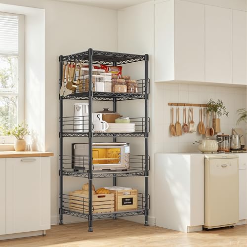 5 Tier Metal Shelving Unit Storage Shelves With Shelf Linker,Adjustable Pantry Shelves Wire Shelving with Hooks,Metal Shelf with Side Blockers for Kitchen,Closet,Office,Laundry,18.1''Wx18.1''Dx59''H DurayLoly