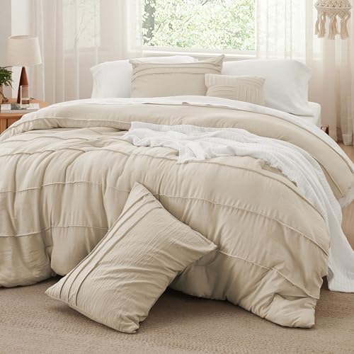 Bedsure King Comforter Set - 4 Pieces Pinch Pleat Bed Set, Linen Boho Bedding for All Season, 1 Soft Comforter, 2 Pillowcases, 1 Decorative Pillow Bedsure
