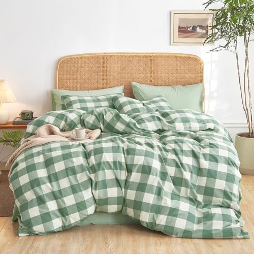 Wake In Cloud - Gingham Cotton Duvet Cover Set, Plaid Buffalo Check Checkered Farmhouse, 100% Washed Cotton Textured Percale Bedding Set, 3 Pieces, Green White, Twin/Twin XL Size Wake In Cloud