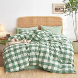 Wake In Cloud - Gingham Cotton Duvet Cover Set, Plaid Buffalo Check Checkered Farmhouse, 100% Washed Cotton Textured Percale Bedding Set, 3 Pieces, Green White, Twin/Twin XL Size Wake In Cloud
