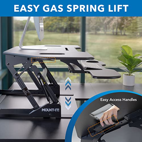 Mount-It! Corner Standing Desk Converter Height Adjustable 43” Wide Desktop, Corner Stand Up Desk with Gas Spring Lift Asssit, Stand Up Computer Workstation with Ergonomic Keyboard Tray | Black Mount-It!