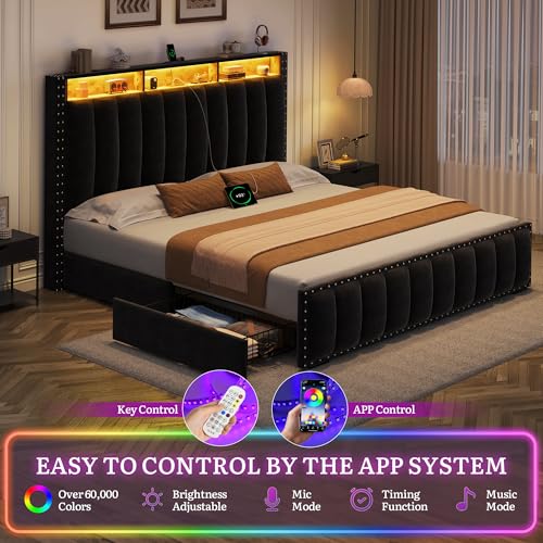 DWVO Queen Size Bed Frame with 4 Storage Drawers and RGB LED Lights, Velvet Upholstered Platform Bed with Charging Station and Bookcase Storage Headboard, No Box Spring Needed, Easy Assembly, Black DWVO