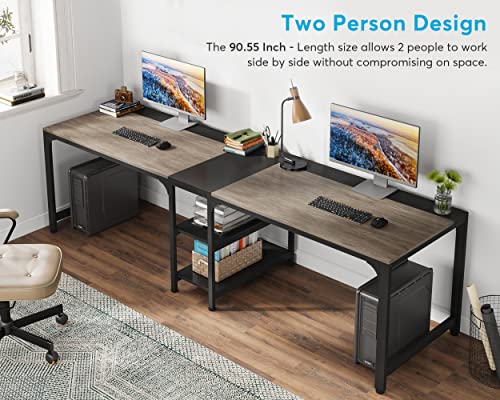 Tribesigns 90.55'' 2 Person Desk with Storage Shelves, Double Computer Desk with Spacious Desktop, Extra Long Study Writing Table Workstation for Home Office (Black & Gray) - WoodArtSupply