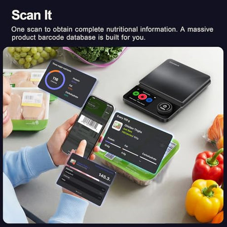 Amzmerit Smart Food Kitchen Scale with Nutritional Calculator, Timer, 0.1g High Precision Kitchen Scale, Free App with 27 Nutrients Tracking, Digital Grams and Ounces for Weight Loss,11lbs/5kg (Black) Amzmerit