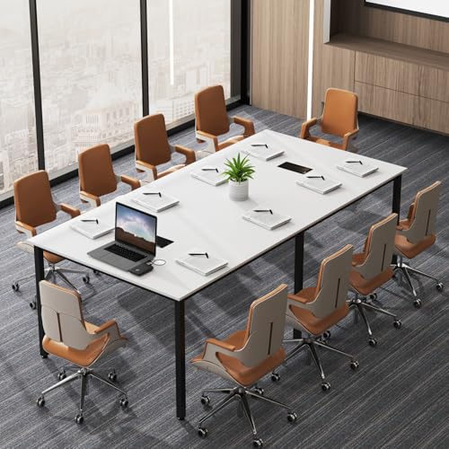 Nightcore Rectangle Conference Table for 10, 8 ft Large Seminar Table with 2 Cable Grommets, Modern Industrial Office Computer Desk with Metal Legs for Boardroom, Meeting Room, White Goplus
