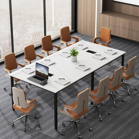 Nightcore Rectangle Conference Table for 10, 8 ft Large Seminar Table with 2 Cable Grommets, Modern Industrial Office Computer Desk with Metal Legs for Boardroom, Meeting Room, White Goplus