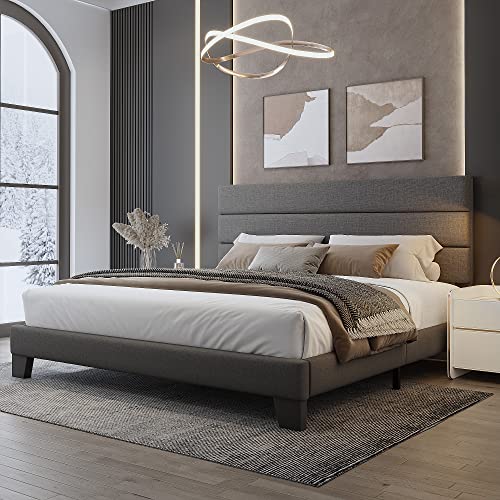 WEEWAY Dark Grey King Bed Frame with Linen Upholstered Headboard & Wooden Slats Support - WoodArtSupply