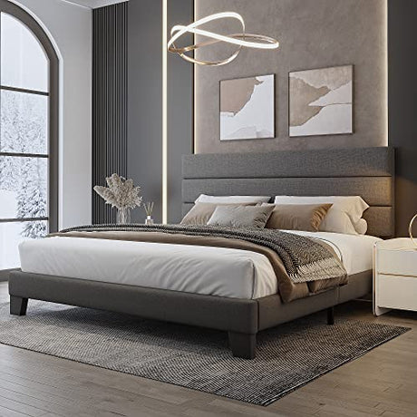 WEEWAY Dark Grey King Bed Frame with Linen Upholstered Headboard & Wooden Slats Support WEEWAY