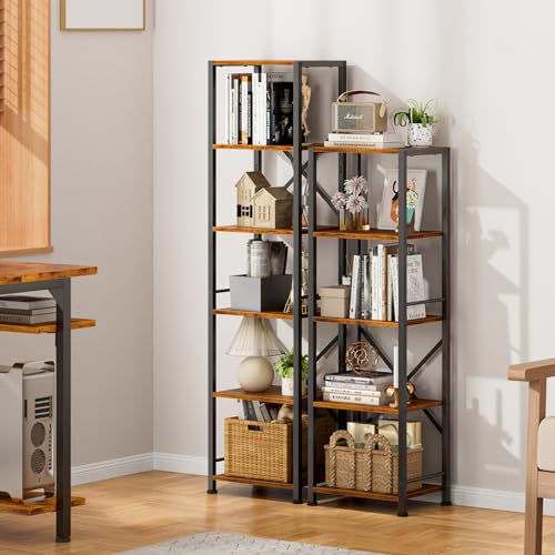 Furologee 6-Tier Rustic Brown Industrial Bookshelf - Narrow Metal and Wood Storage Unit for Home and Office - WoodArtSupply