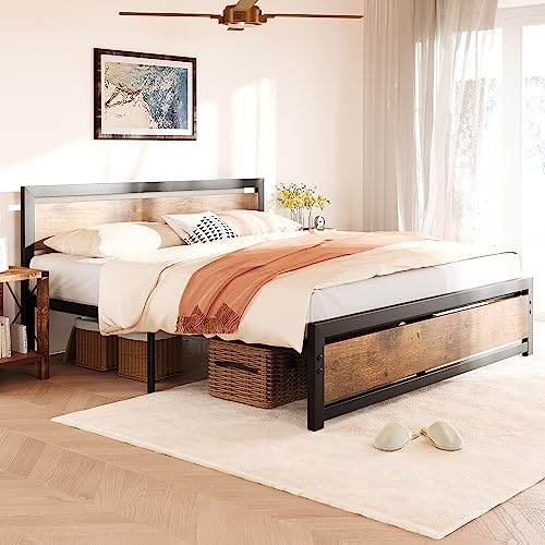 Industrial Rustic King Size Bed Frame with Wooden Headboard, No Box Spring Needed, Easy Assembly - WoodArtSupply