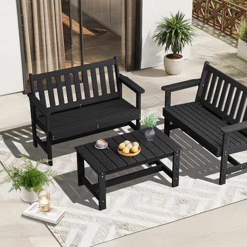 SERWALL Outdoor Coffee Table, HDPE Patio Coffee Table for Outside, Rectangle, Black SERWALL