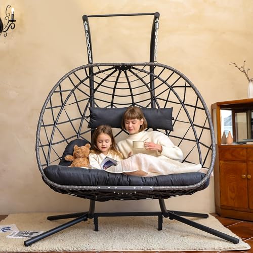 SWITTE Double Egg Swing Chair with Stand, 2 Person Outdoor Indoor Hammock Hanging Chair with Cushion for Patio Living Room 550 LBS Capacity-Dark Grey - WoodArtSupply