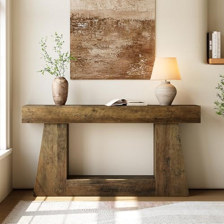 LITTLE TREE 63" Farmhouse Console Table with Storage, Rustic Sofa Table for Entryway, Narrow Long Sofa Table Behind Couch, Console Table for Living Room, Hallway—Versatile Storage Solution, Oak LITTLE TREE