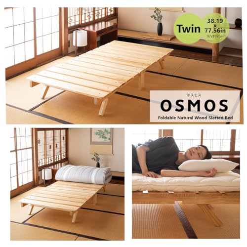 EMOOR Foldable Wood Slatted Floor Bed Frame OSMOS Twin Solid Pine (Earth-Natural), Easy Assembly Space Saving Storable Floor Life Tatami EMOOR