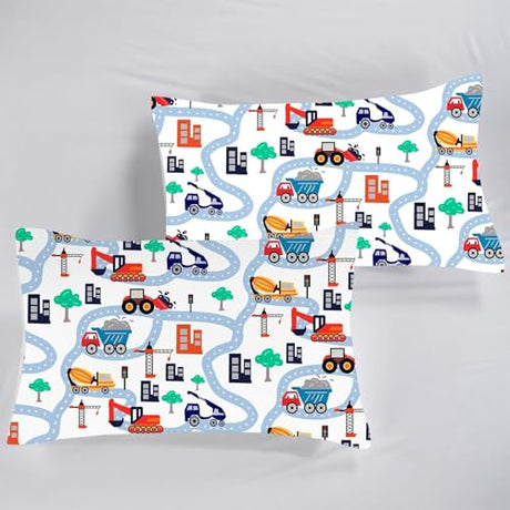 FUYEUN Cartoon Truck Comforter Set Twin: Construction Bedding Set for Boys Kids Children Bedroom Dorm White Cute Cars Quilt 1 Comforter + 1 Pillow Case FUYEUN