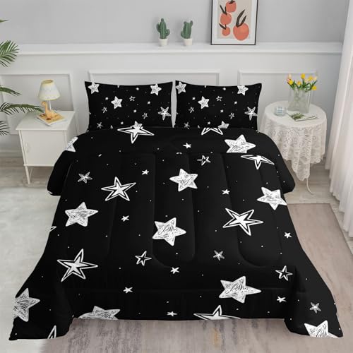 Smell Sunshine Black and White Stars Comforter Set Starry Printed Bedding Set with 1 Comforter and 2 Pillowcases for Boys and Girls Bedroom All Season(Stars Twin) Smell Sunshine