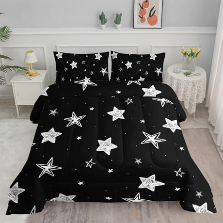 Smell Sunshine Black and White Stars Comforter Set Starry Printed Bedding Set with 1 Comforter and 2 Pillowcases for Boys and Girls Bedroom All Season(Stars Twin) Smell Sunshine