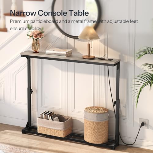HOOBRO Narrow Console Table with Charging Station, Adjustable Height Sofa Table (25''-32.9''), Slim Behind Couch Table for Small Spaces, Entryway, Living Room, 39.4" Greige BG95UXG01 HOOBRO