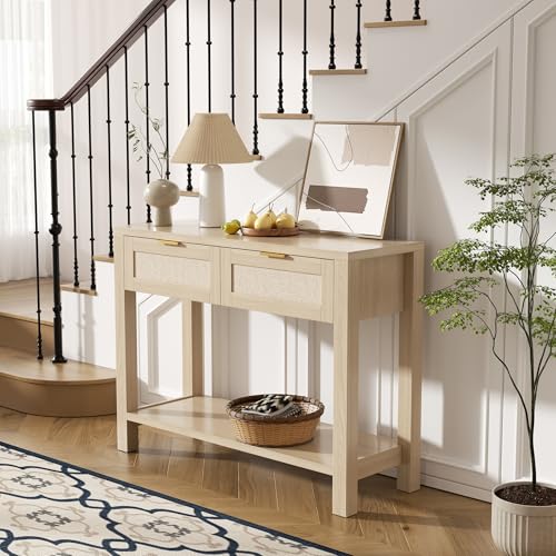 YUUIJOAA Boho Chic Console Table with 2 Rattan Drawers and Open Shelf Storage, Narrow Farmhouse Sofa Table for Small Space Entryway, Living Room,Hallway,Natural YUUIJOAA