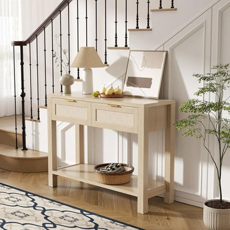 YUUIJOAA Boho Chic Console Table with 2 Rattan Drawers and Open Shelf Storage, Narrow Farmhouse Sofa Table for Small Space Entryway, Living Room,Hallway,Natural YUUIJOAA
