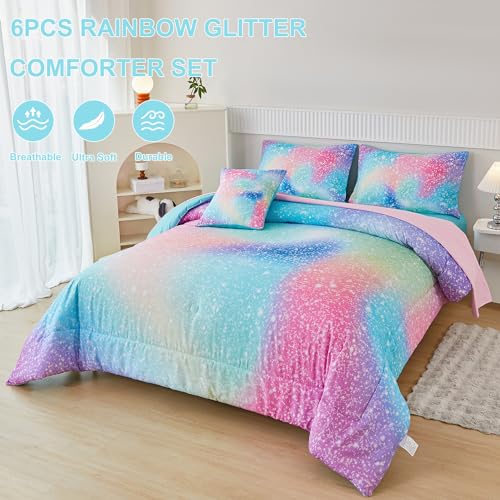 PERFEMET Pink Green Girls Twin Comforter Set, 6 Pieces Colorful Rainbow Kids Bedding Sets, Tie Dye Ombre Glitter Bed in A Bag Comforter Set with Sheets PERFEMET