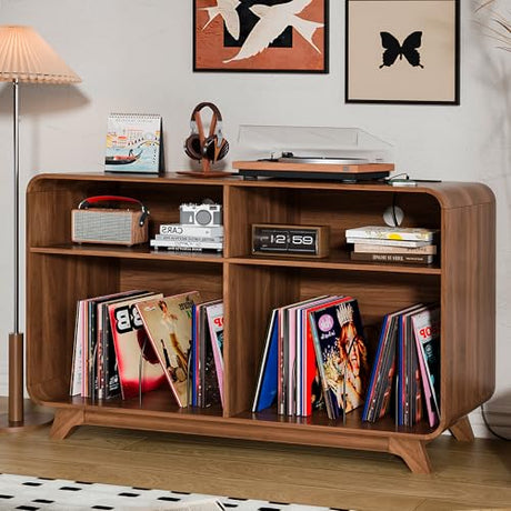 Record Player Stand with Vinyl Storage Cabinet with Charging Station & USB Ports, Turntable Stand Table Holds Up to 350 Albums, Curved Vinyl Record Cabinet for Living Room (Walnut, 42.5-inch) Boweniog