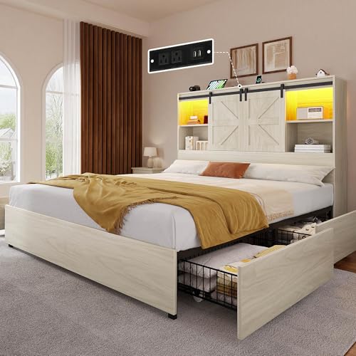 YITAHOME Farmhouse Queen Size Bed Frame with Storage Bookcase Headboard, Sliding Barn Door, 4 Storage Drawers, RGB LED Bed Frame with USB Charging Station, No Box Spring Needed, Antique White - WoodArtSupply