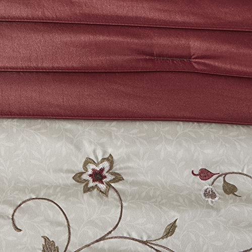 Madison Park Serene Faux Silk Comforter Set - Floral Embroidery Design, All Season Bedding Set, Matching Bed Skirt, Decorative Pillows, Red Cal King(104"x92") 7 Piece Madison Park
