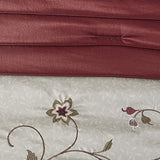 Madison Park Serene Faux Silk Comforter Set - Floral Embroidery Design, All Season Bedding Set, Matching Bed Skirt, Decorative Pillows, Red Cal King(104"x92") 7 Piece Madison Park