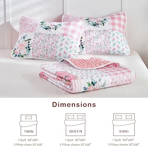 Joyreap 3 Pieces Floral Patchwork Quilt Set Queen, Pink n White Flowers Design, Soft n Cozy Microfiber Quilt, Bedspread Bed Cover for All Season, 1 Quilt and 2 Pillow Shams- 90x90 inches Joyreap