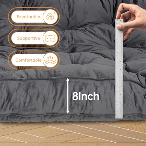 KOZIDO 8” Futon Mattress Full Size, Extra Thick Foldable Futon Sofa Bed Couch, Shredded Foam Filling Floor Mattress for Adults with No Assembly Needed, Frame Not Included - Dark Grey KOZIDO