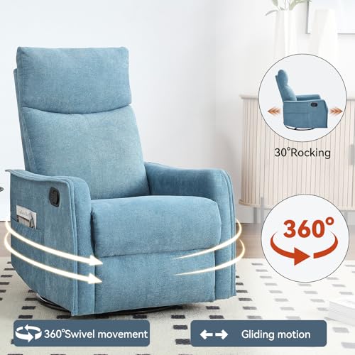 Kolavess Swivel Rocker Recliner Chair for Adults, Nursery Rocking Chair with Heat and Massage, Glider Reclining Chair for Small Space Living Room Bedroom, Blue