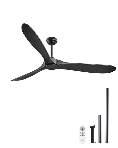 VEVOR 72 Inch Ceiling Fan without Light, 6-Speed Remote Control, 3-Wood-Blade, Reversible DC Motor, Modern Low Profile Flush Mount Exterior Fan for Bedroom, Living Room, Patio, Indoor/Outdoor, Black VEVOR