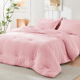HYMOKEGE Pink Queen Comforter Set Seersucker 7 Pieces, All Season Luxury Bed in a Bag for Bedroom, Bedding Set with Comforters, Sheets, Pillowcases & Shams HYMOKEGE