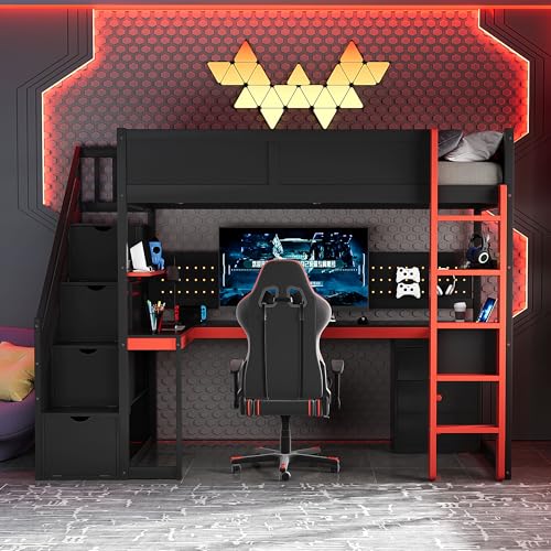 RUNNA Full Size Wooden Gaming Loft Bed with Storage Stairs, Desk, Shelves & Pegboard, Space-Saving Esports Style for Teens & Adults (Black+Red-3) RUNNA