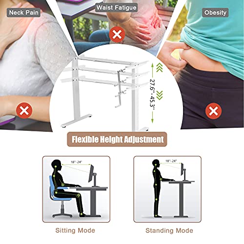 Sit to Stand Workstation Frame, Manual Height Adjustable Standing Desk Frame w/ Foldable Hand Crank, Cable Tray & Hanging Hook, Adjustable Footpads, Ergonomic Desk Frame for Home Office, Black (WHITE) MEDIMALL
