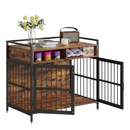 VEVOR Furniture Style Dog Crate with Storage, 41 inch Dog Crate Furniture Large Breed with Double Doors, Wooden Dog Cage for Large/Medium Dog Indoor, Hold up to 70 lbs, Rustic Brown - WoodArtSupply