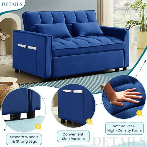 Antetek 3 in 1 Convertible Sleeper Sofa Bed, Modern Velvet Loveseat Futon Couch w/Pullout Bed, Small Love Seat Lounge Sofa w/Reclining Backrest, Toss Pillows, Pockets, Furniture for Living Room, Blue Antetek