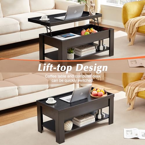 VECELO Lift Top Coffee Table with Storage Shelf and Hidden Compartment for Living Room/Office Reception, Dark Black - WoodArtSupply