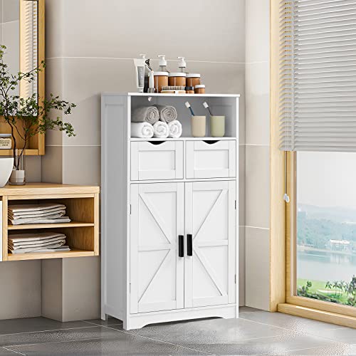 WEENFON Vintage White Floor Cabinet with Barn Doors, 2 Drawers, and Adjustable Shelf for Versatile Home Storage