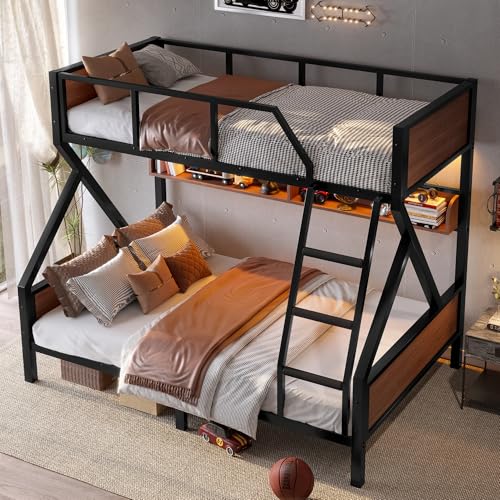 Bellemave Bunk Beds Twin Over Full Size with Storage Shelves & LED Light, Metal Twin Over Full Bunk Bed Frame with Wood Board & Sturdy Slats, Heavy Duty Bed Frame, Noise Free, Black Bellemave