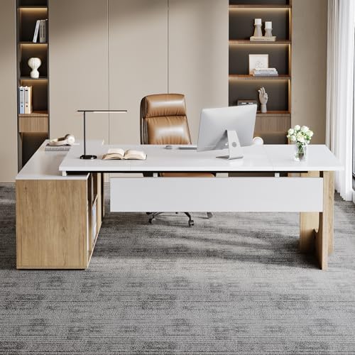 Tribesigns 74.8 Inch Executive Desk, Large Office Desk with Cabinet, L Shaped Computer Desk with Shelves and CPU Storage, Modern Home Office Desks Business Furniture Workstation Set, White and Wood Tribesigns