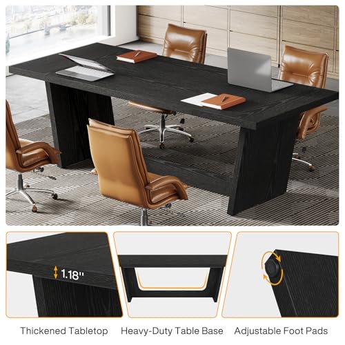 Tribesigns 6 FT Conference Table, 71” Rectangular Meeting Table for Office Conference Room, Large Executive Seminar Desk for 6–8, Heavy-Duty Business Boardroom Table with Wooden Pedestal Base, Black Tribesigns