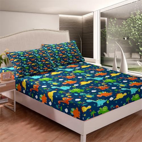 Kids Fitted Sheet Cute Cartoon Dinosaur Bed Sheet Set King for Boys Children Bedroom Decor Jungle Animals Dino Bedding Set Soft Bright Colorful Bed Cover with 2 Pillow Case (Flat Sheet Not Included) Feelyou
