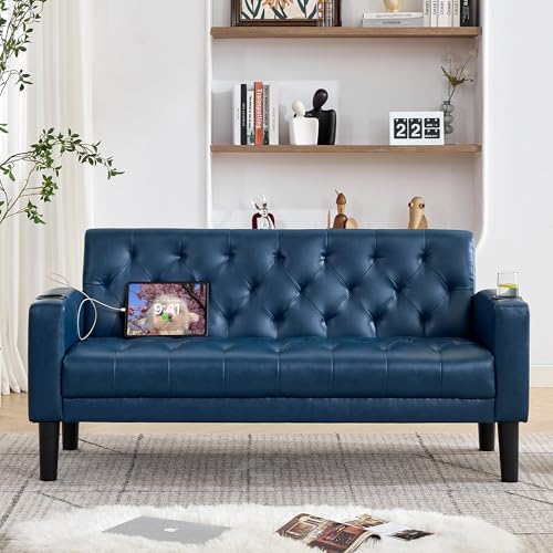 TYBOATLE 62" W Leather Loveseat w/ 2 USB and 2 Cupholders, Mid-Century Modern Tufted Small Love Seat Couches for Office, Living Room, Bedroom, Dorm (1, Blue) TYBOATLE