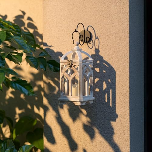 Staymoment Farmhouse Decorative Candle Lanterns Set of 2, Indoor Rustic Wooden Candle Holder for Table Centerpiece Fireplace Mantle, 12" & 16" Hanging Home Decor for LED & Real Candles, Whitewashed Staymoment